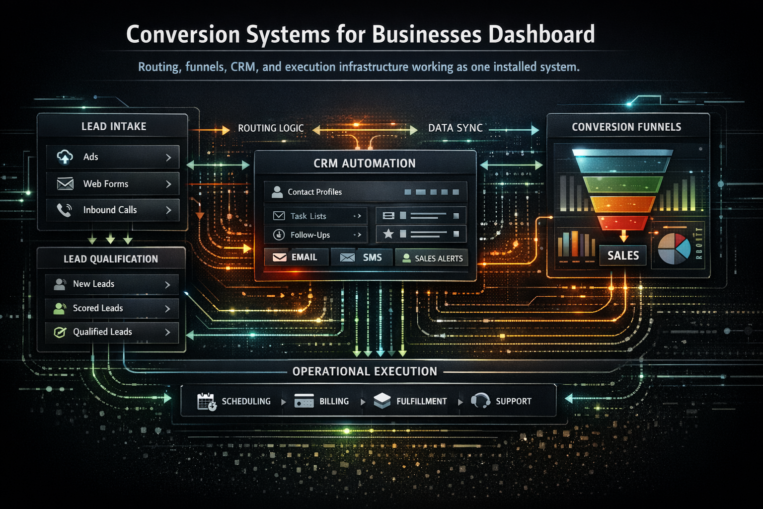 conversion systems for businesses dashboard showing routing, CRM, funnel, and operational flow